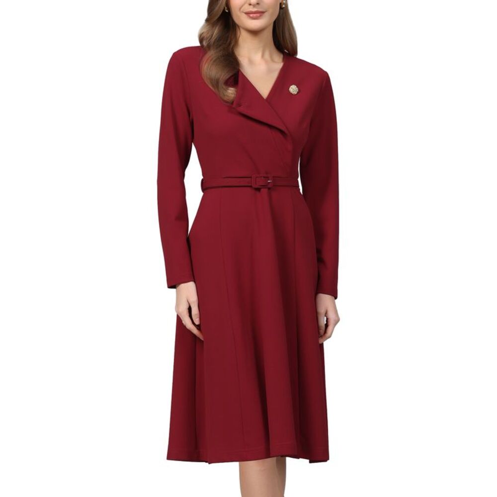 Women Lapel V Neck Long Sleeve A-Line with Belted Work Dress  Dark Red